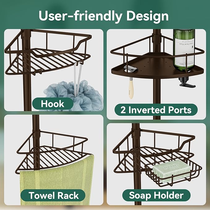 Corner Shower Caddy Tension Pole, 4 Tier Rustproof Shower Tension Rod Organizer, Adjustable 25-125 Inch Bathroom Shower Organizer Shelves for Bathtub Shampoo Storage, Brown
