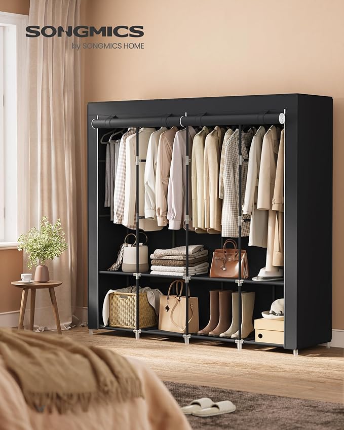 SONGMICS Portable Closet, Wardrobe Closet Organizer with Cover, 4 Hanging Rods and Shelves, 4 Side Pockets, 17.7 x 66.9 x 65.7 Inches, Large Capacity for Bedroom, Living Room, Ink Black URYG094B02