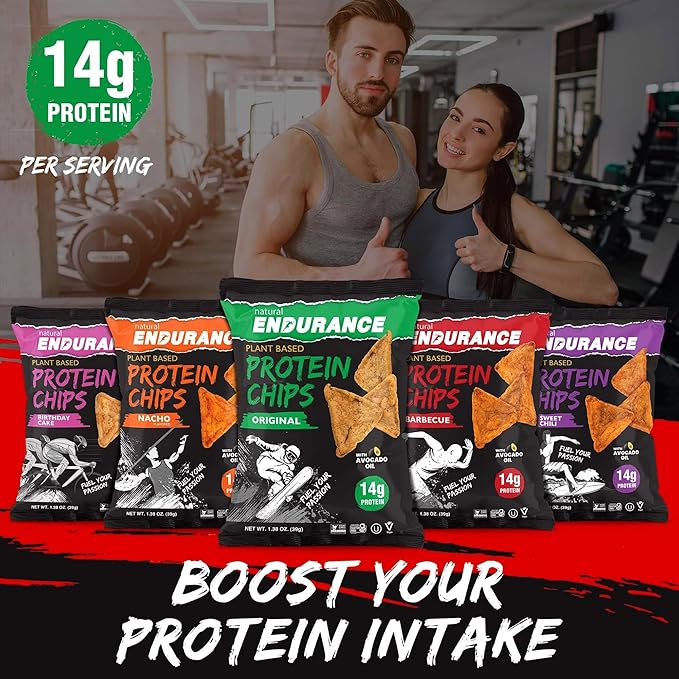 Natural Endurance Protein Chips - Low Carb Chips, High Protein Snack, Vegan Protein with Avocado Oil, 14g Protein Per Bag, Gluten Free, Original, Nacho & Chili - Variety Pack, 1.38 oz Bags (12 Pack)