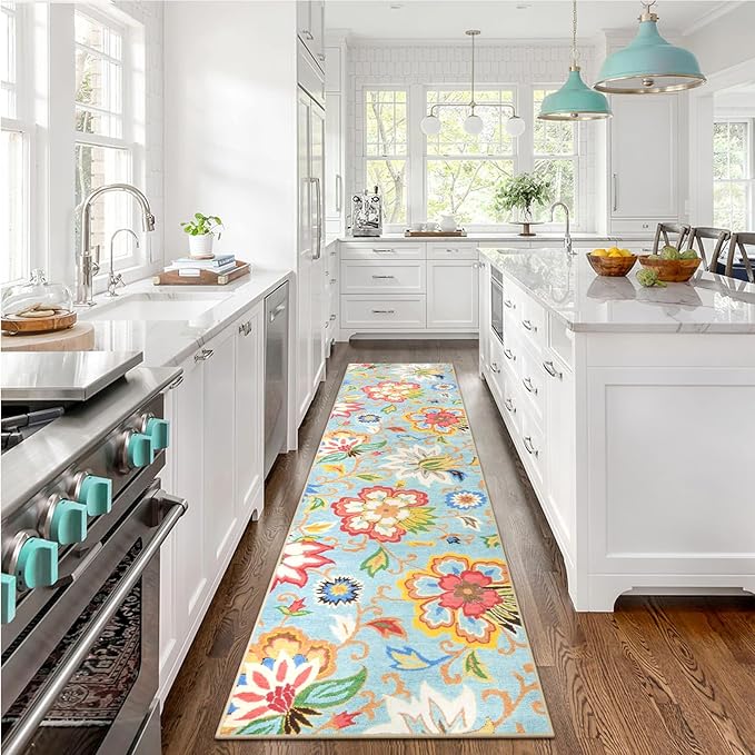 Beeiva Washable Kitchen 2x8 Runner Rug, Colorful Flower Rug Runners for Hallways with Rubber Backing, Floral Plant Non Skid Ultra Thin Carpet for Bathroom(Colorful,2'x8')