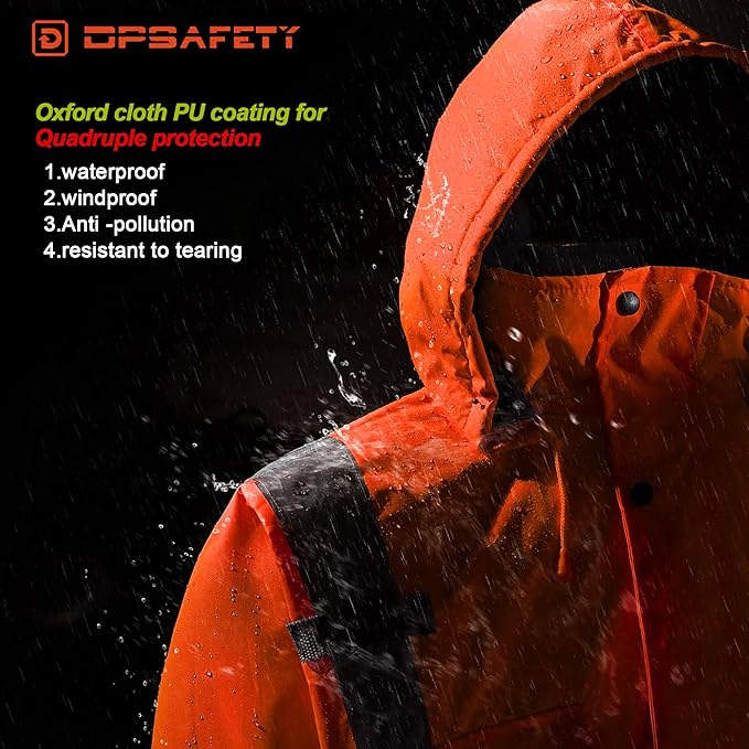 Reflective Jacket, High Visibility Parka, Waterproof Hi Vis, Safety Jacket with Removable Hood and Zipper, ANSI Class 3 (Orange,5XL)