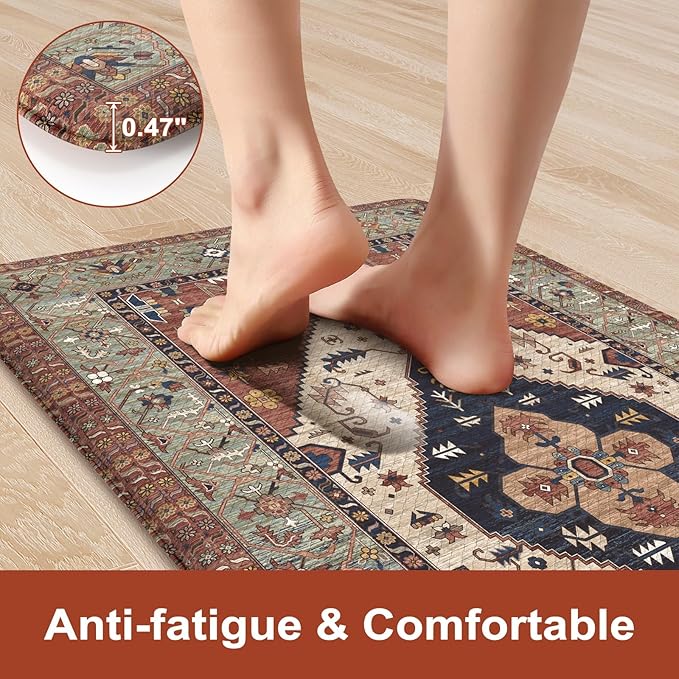KIMODE Anti Fatigue Mats for Kitchen Floor 24"x71", Red Farmhouse Kitchen Runner Rugs, Cushioned Kitchen Floor Mats Non Skid, Boho Memory Foam Kitchen Mats for Laundry Office Sink Desk
