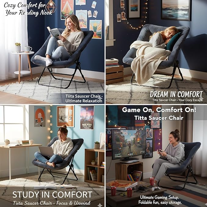 Tiita Comfy Folded Chair, Soft Faux Fur Oversized Folding Accent Chair, Lounge Lazy Chair for Kids Teens Adults, Metal Frame Moon Chair for Bedroom, Living Room, Dorm Rooms