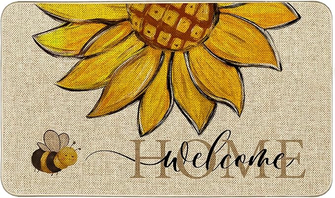 Sunflower Welcome Doormat 17"x29", Non Slip Door Mat Indoor Entrance, Hello Indoor Front Door mat, Spring Summer Outdoor Entrance Mat, Low Profile Design Patio Porch Entryway Mats