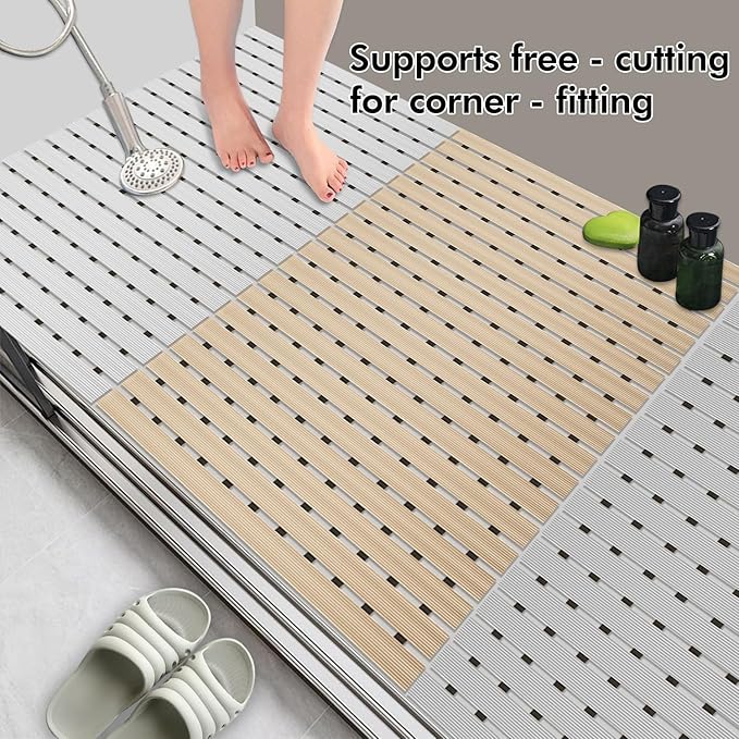 Non Slip Large Shower Mat(35.4"*23.6"),Non Suction Cups Shower Mats for Inside/Outside Shower, Heavy Duty Rubber Walk in Shower Mat for Elderly (Apricot)
