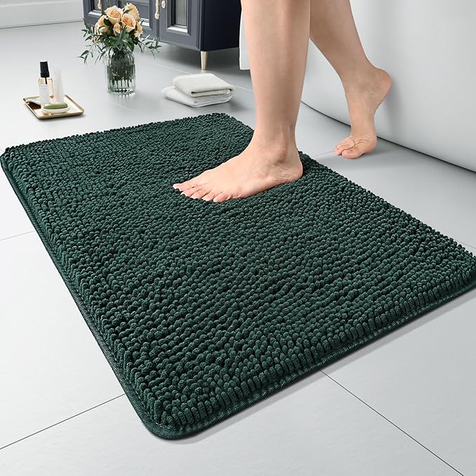 LOCHAS Luxury Bathroom Rug Shaggy Bath Mat 24 x 17 Inch, Washable Non Slip Bath Rugs for Bathroom Shower, Soft Plush Chenille Absorbent Carpets Mats, Hunter Green