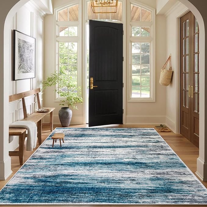 KOZYFLY Area Rug 6x9 Modern Ombre Rugs for Living Room, Washable Large Thin Rugs Non-Slip Soft Striped Rug for Bedroom, Print Blue Abstract Carpet for Laundry/Kid Room
