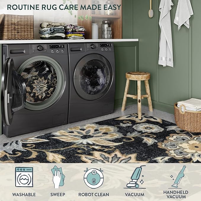 Lahome Floral Washable Living Room Area Rug - 3x5 Non-Slip Low-Pile Rugs for Entryway, Throw Small Stain Resistant Kitchen Rugs Soft Black Paisley Print Carpet for Office Bedroom Laundry Room Office