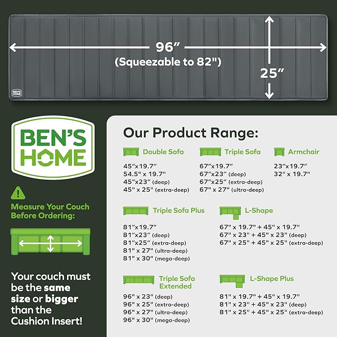 BEN'SHOME Heavy Duty Couch Cushion Support Board – Instantly Repair Sagging Long Sofa Seat | 25" x 82"-96" | .5" Furniture Grade Wood Under Cushions Insert, Anti-Slip, Extend Sofas & Couches Life