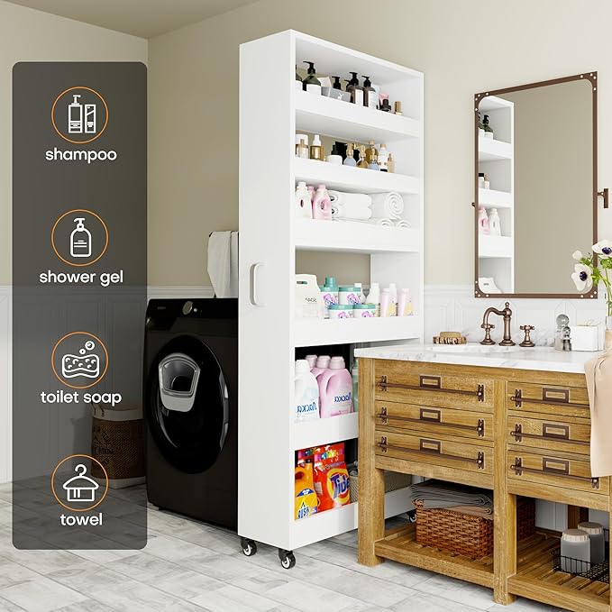 Slim Storage Cart, Lightweight 6 Tier Metal Rolling Utility Kitchen Cart on Weeels, Mobile Storage Shelving Unit Organizer for Bathroom Laundry Office(White, 10" D)