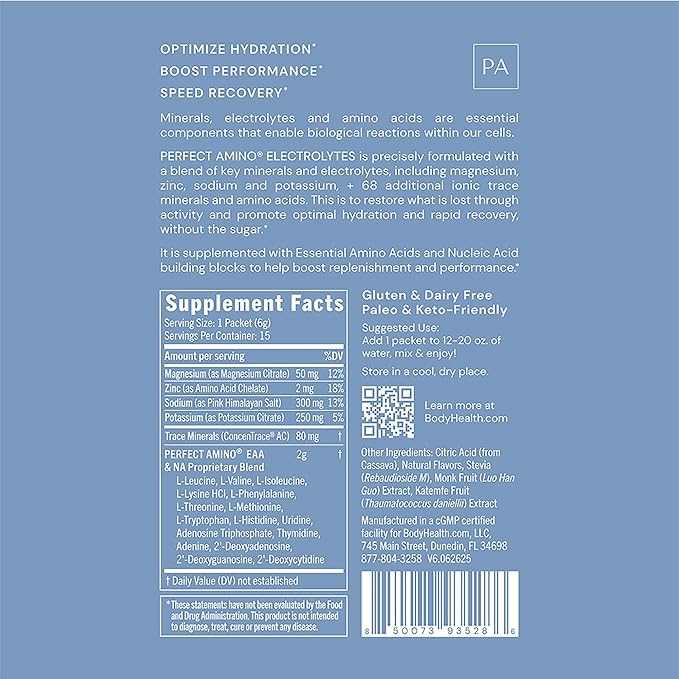 BodyHealth PerfectAmino Electrolyte Drink Mix – Lemon Lime – No Sugar, Keto & Fasting Friendly, Hydration with Trace Minerals – Stick Packs