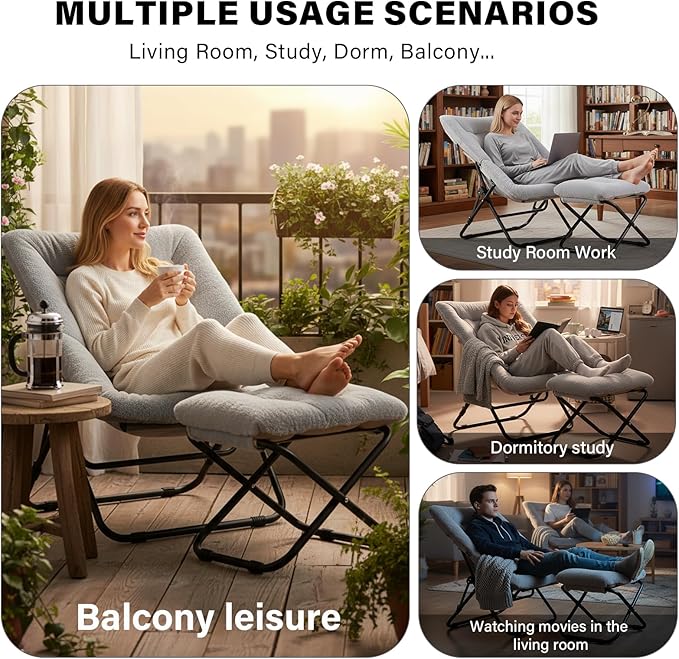 Tiita Folded Chair with Straight Ottoman, Soft Faux Fur Oversized Folding Accent Chair,Lounge Lazy Chair, Metal Frame Moon Chair for Bedroom, Living Room, Dorm Rooms, Garden and Courtyard, Grey