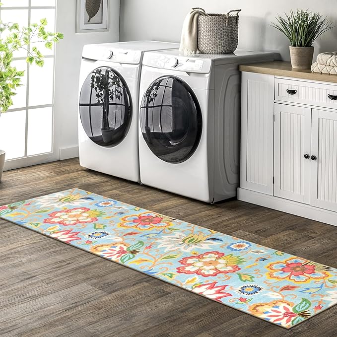 Beeiva Washable Kitchen 2x8 Runner Rug, Colorful Flower Rug Runners for Hallways with Rubber Backing, Floral Plant Non Skid Ultra Thin Carpet for Bathroom(Colorful,2'x8')