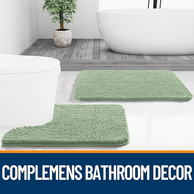 OLANLY Bathroom Rugs Sets 2 Piece, Soft Absorbent Chenille Bath Mats Area Rug Set, Non-Slip, Quick Dry, Machine Washable Bath Mats for Bathroom, Home Decor Accessories (36"x24"+30"x20", Sage Green)