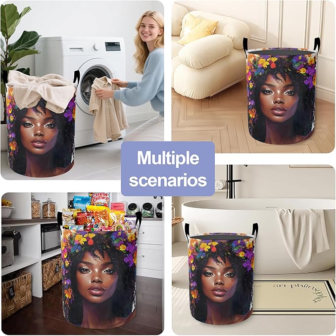 Laundry Basket-Black Girl Foldable Waterproof Oxford Cloth Funny Tote Bag Laundry Hamper Clothes Storage Bucket Organizer For Bathroom/Laundry Storage/Bedroom Storage Basket