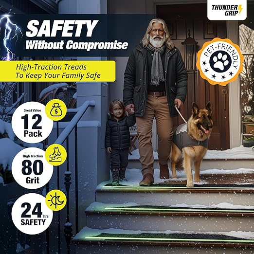 Grip Tape for Stairs 30" x 6" - 12-Pack Glow in The Dark Outdoor Stair Treads Non-Slip Weather Resistant - Anti Slip Tape for Exterior Wooden Steps - Waterproof 80-Grit Adhesive Treads