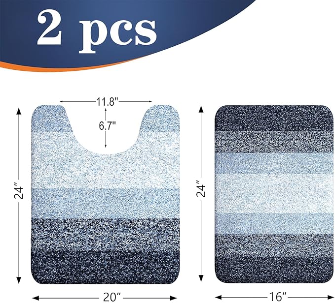 OLANLY Bathroom Rug Set 2 Piece, Soft Absorbent Microfiber Bath Mats and U-Shaped Contour Toilet Rug, Non-Slip, Machine Wash Dry, Plush Shaggy Bath Mats for Bathroom (24"x16"+24"x20", Dark Blue)