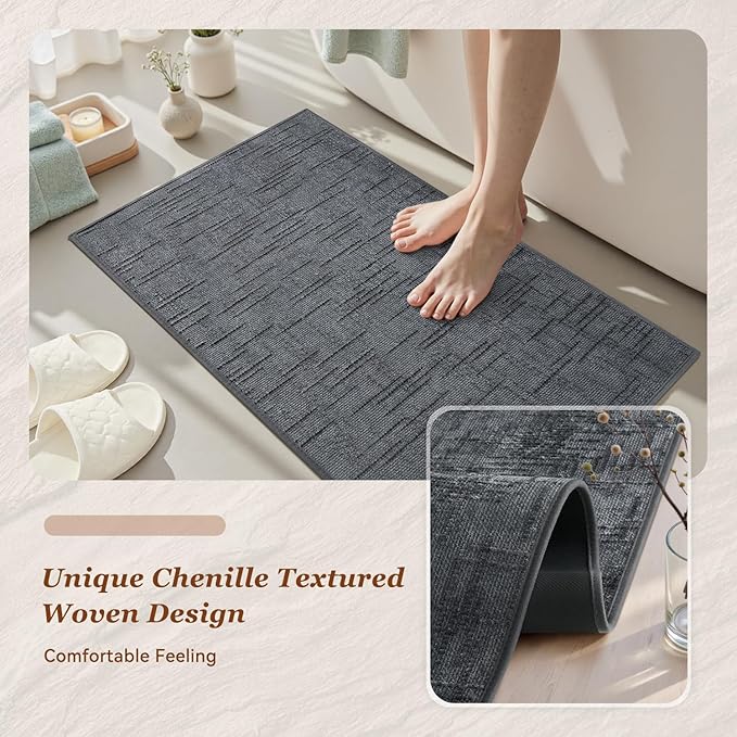 AMOAMI Bath Mat Non Slip Super Absorbent Quick Dry Bath Mats for Bathroom Floor Rubber Backing Washable Bathroom Rugs Modern Woven Jacquard Mat, Beside Tub Bath Rugs, 17" x 24", Darkgrey