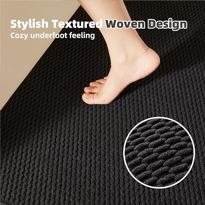 Black Bathroom Runner Rugs, Long Bath Mat Runner Washable Thin Quick Dry Low Pile Bathroom Runner Rugs Non Slip, Black 24''x70''