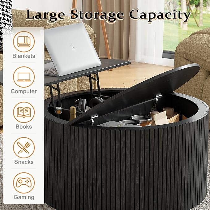 Round Fluted Lift Top Coffee Table, Mid Century Modern Center Table with Storage and Compartment, 2 Tier Small Circle Dining Table, for Living Room, Home Small Space, Black Oak