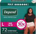 Depend Fresh Protection Adult Diapers, Incontinence & Postpartum Bladder Leak Underwear for Women, Disposable, Maximum, Large, Blush, 72 Count (2 Packs of 36), Packaging May Vary