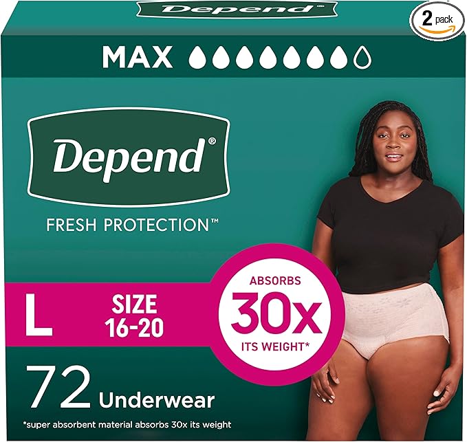 Depend Fresh Protection Adult Diapers, Incontinence & Postpartum Bladder Leak Underwear for Women, Disposable, Maximum, Large, Blush, 72 Count (2 Packs of 36), Packaging May Vary