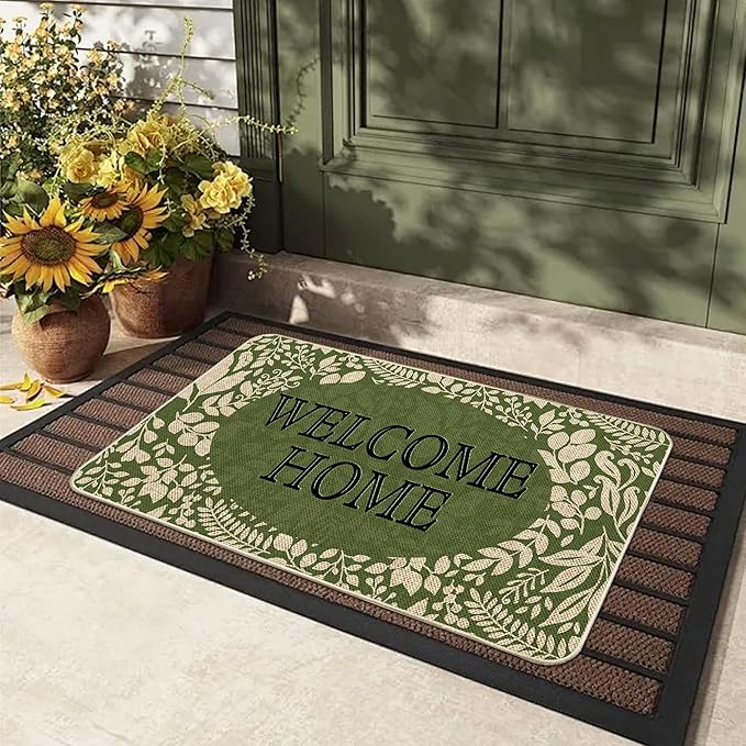 Welcome Spring Door Mat Green Leaves Doormat Indoor Outdoor Entrance Summer Decor Outdoor Rug Low-Profile Floor Rug Non Slip Spring Summer Decor Rubber Mats for Home Decoration 17x29Inch