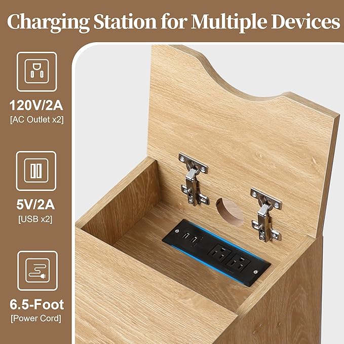 End Table with Charging Station for Couch,Mid-Century Modern Narrow Sofa Side Table with Drawer for Living Room,Small Bed Side Table for Bedroom (Natural, MCM)