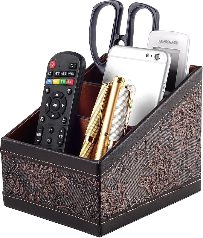 PU Leather TV Remote Control Holder with 3 Compartments,Nightstand Caddy Organizer,Storage Rack,Storage Box,Media Accessory Storage,Desk Organizers (Brown (Retro))