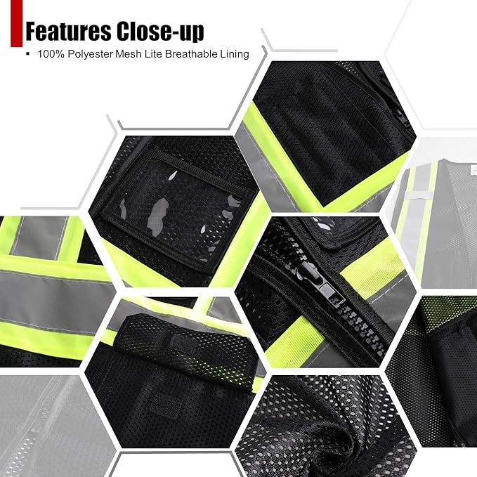 Reflective Safety Vest for Men Women Hi Vis Vest with Pockets High Visibility Vest Mesh Construction Vests Meets ANSI/ISEA Standards (Black-33, 3X-Large)