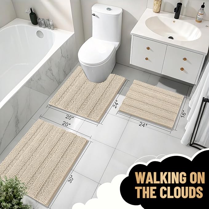 OLANLY Thick Bathroom Rugs 30x20, Extra Soft Absorbent Chenille Striped Bath Rugs, Rubber Backing, Machine Wash Dry, Bath Mats for Bathroom Floor, Tub and Shower, Home Decor Accessories, Sand