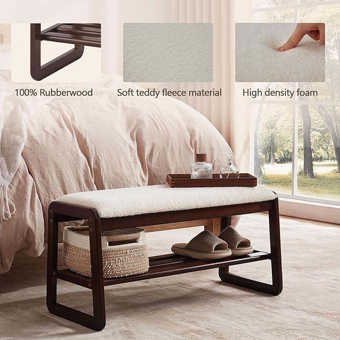 Shoe Rack Bench,2 Tier Wooden Entryway Bench with Shoe Storage, Shoe Rack with Cushion for Living Room, Hallway(Cream White, 31.5")