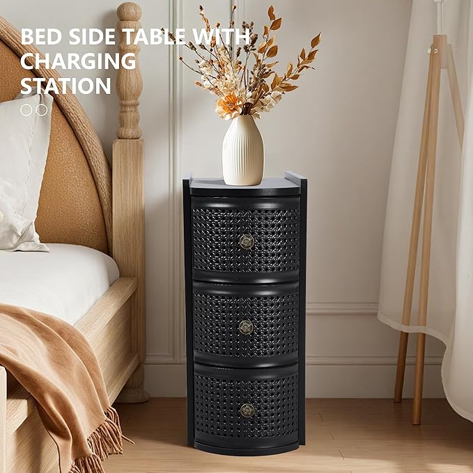 Metal Rattan Narrow End Table with Charging Station, Black Side Table with Drawers Storage, Small Night Stand with Power Outlets and USB Ports, Sofa Side Table for Living Room - Black