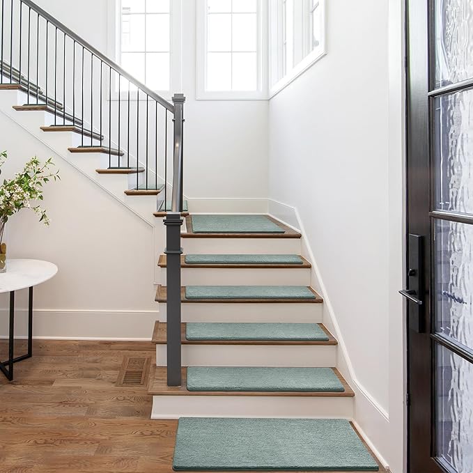 PURE ERA Carpet Stair Treads Ultra Plush 8" X 30" Soft Indoor Stair Protectors Pet-Friendly Non-Slip Skid Resistant Tape Free Washable Reusable(14 Pieces, Greenish Gray)