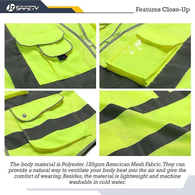 JKSafety 9 Pockets High Visibility Safety Vest for Men and Women, Hi-Vis Reflective Yellow Safety Vests with Zipper Front, Meet ANSI/ISEA Class 2 Type R (159-Yellow 3XL)