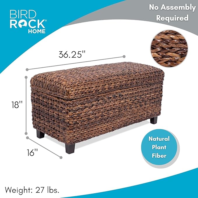 BIRDROCK HOME Abaca Storage Bench – Hand-Woven Wicker Entryway Bench w/Lift-Top Hidden Storage, Solid Wood Frame - 36.25” x 16” x 18”