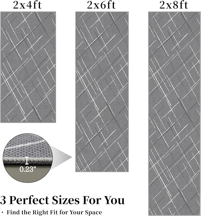 Modern Line Washable Runner Rug 2x6, Gray Non-Slip Hallway Rug, Woven Non-Shedding Thin Runners for Entryway, Kitchen, Laundry Room
