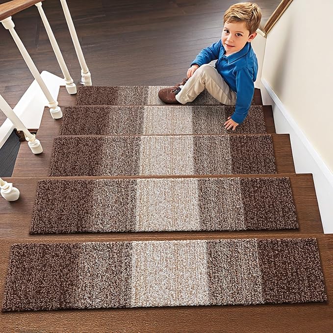 OLANLY Stair Treads Non Slip 4PCS, 8" x 30" Indoor Stair Runners for Wooden Steps, Edging Stair Rugs with Reusable Peel and Stick Adhesive for Kids Elders and Pets, Brown