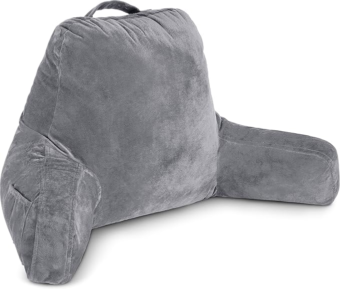 Husband Pillow Dark Grey, Standard+ Original Reading Pillow in Bed Rest Chair, Shredded Memory Foam Large Lounge Cushion Adult Backrest w/Arms, Comfy Back Support for Sit Sitting Up, Removable Cover