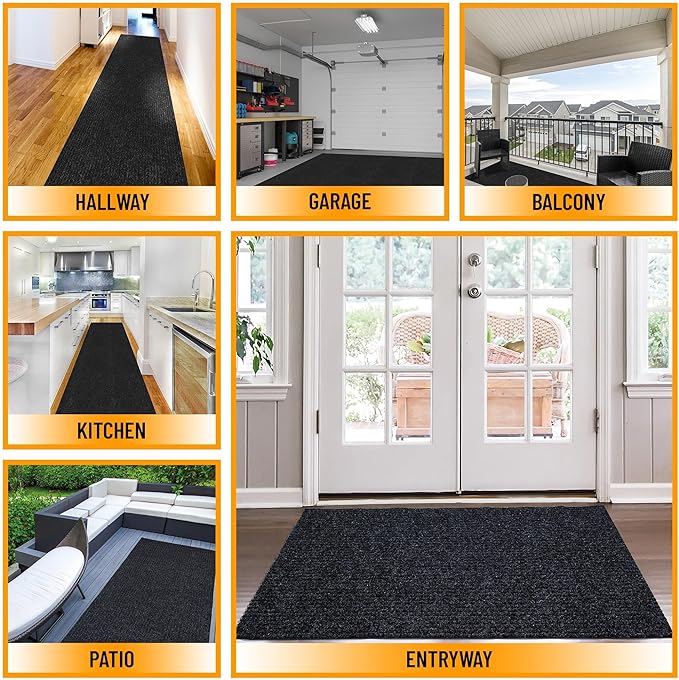 Ottomanson 2' x 39' Hallway Runner with Scraper Pile Extra Durable Non-Slip Rug Mat for Indoor & Outdoor Use - Ideal for Kitchen, Entryway, Patio & Garage - High-Traffic Carpet, Black