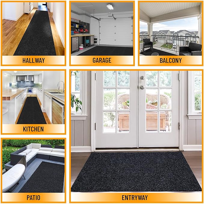 Ottomanson 2' x 50' Hallway Runner with Scraper Pile Extra Durable Non-Slip Rug Mat for Indoor & Outdoor Use - Ideal for Kitchen, Entryway, Patio & Garage - High-Traffic Carpet, Black