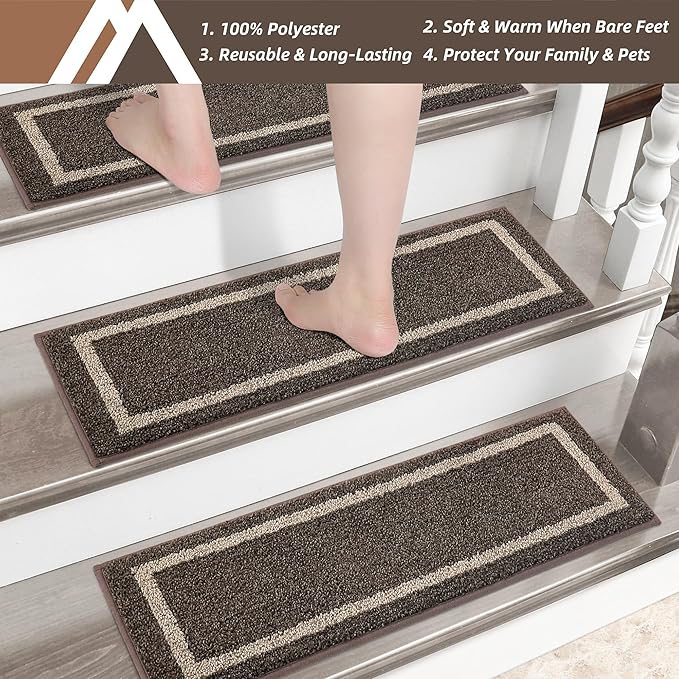 COSY HOMEER Soft Stair Treads Non-Slip Carpet Mat 28inX9in Indoor Stair Runners for Wooden Steps,Stair Rugs for Kids and Dogs, 100% Polyester TPE Backing 10pcs,Brown,Square