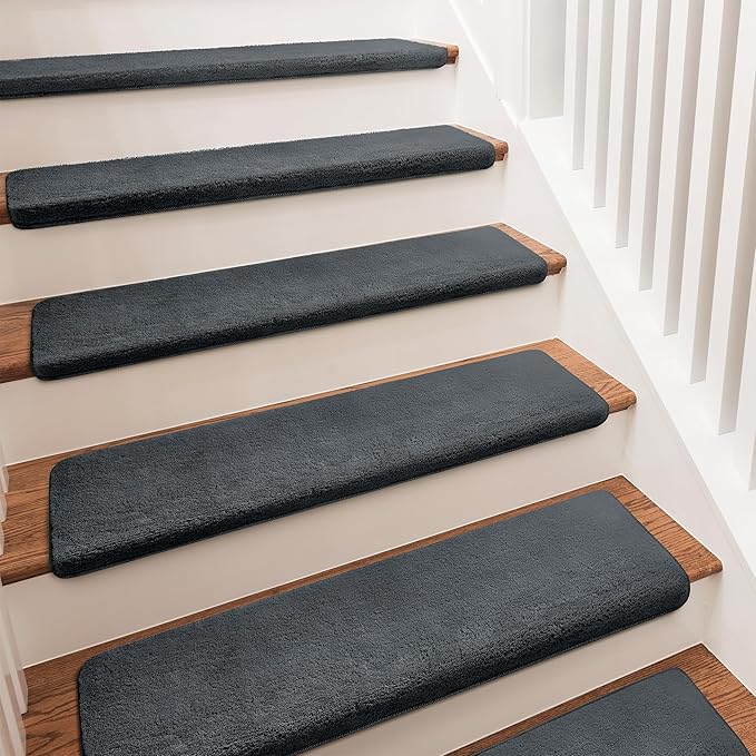 PURE ERA Carpet Stair Treads Ultra Plush 9.5" X 30"Soft Bullnose Indoor Stair Protectors Pet-Friendly Non-Slip Skid Resistant Tape Free Washable Reusable(14 Pieces,Dark Gray)