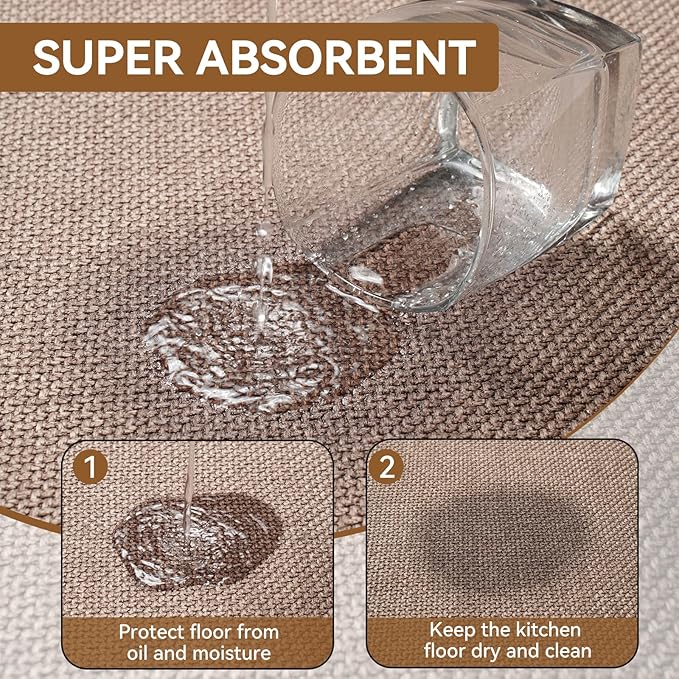 Kitchen Runner Rugs Non Slip Washable, Linen-Like 0.3" Thick Cushioned Absorbent Kitchen Mats for Floor, Mild Anti-Fatigue Long Sink Floor Mat Laundry Standing Mat, Easy Clean, Brown 17"x59"