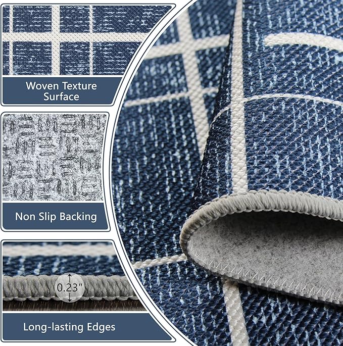 Non Slip Hallway Runner Rug 2x10, Blue Modern Distressed Stripe, Washable Long Rug, Woven Thin Low Pile Carpet Runners for Hallway 10ft Entryway, Kitchen, Walkway- Blue
