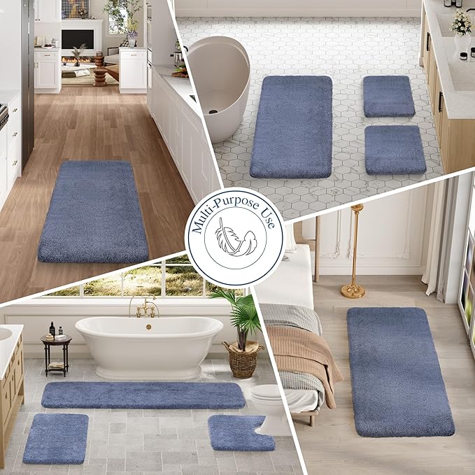 Walensee Contour Rug (20x24, Blue) Non Slip Bath Mat for Bathroom Water Absorbent Soft Microfiber Shaggy Mat Machine Washable U Shape Toilet Rug