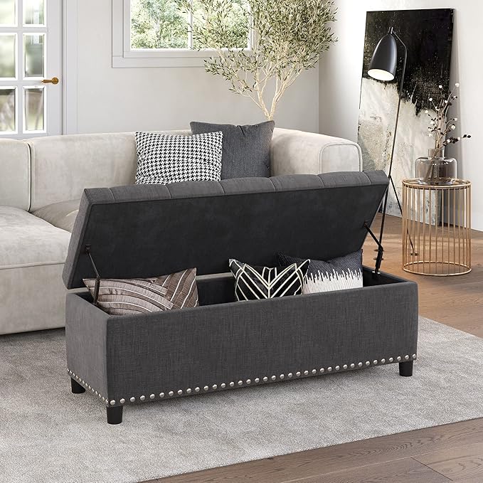 BELLEZE 47" Storage Ottoman, Storage Bench with Safety Close Hinge, Faux Leather Button-Tufted Ottoman for Living Room, Entryway, Hallway, Foot Rest, Support 300lbs - Dark Gray