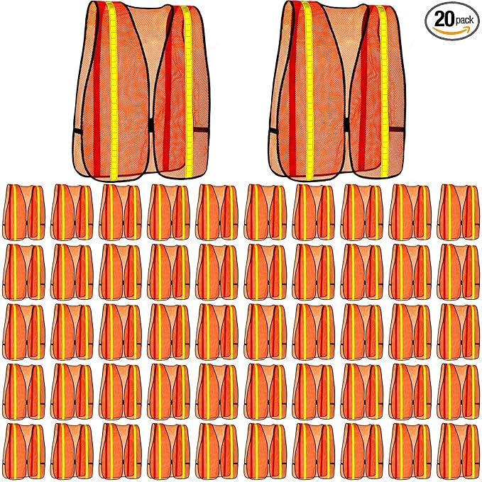 Haysandy 20 Pcs High Visibility Reflective Safety Vest Construction Vest Strips Neon Mesh Universal Size for Men Outdoor(Neon Orange,20 Pcs)
