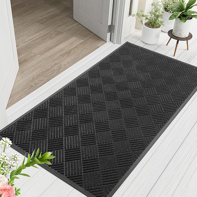 Indoor Outdoor Door Mat, 6’x 3' Doormat for Entryway, Rubber Backing Non Slip Front Door Mat Outside Entrance, Super Absorbent Commercial Floor Mat for Home Office, Black