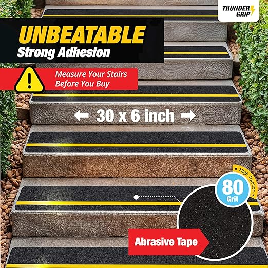 Reflective Grip Tape for Stairs 30" x 6" - 12-Pack Outdoor Stair Treads Non-Slip Weather Resistant - Anti Slip Tape for Exterior Wooden Steps - Waterproof 80-Grit Adhesive Treads